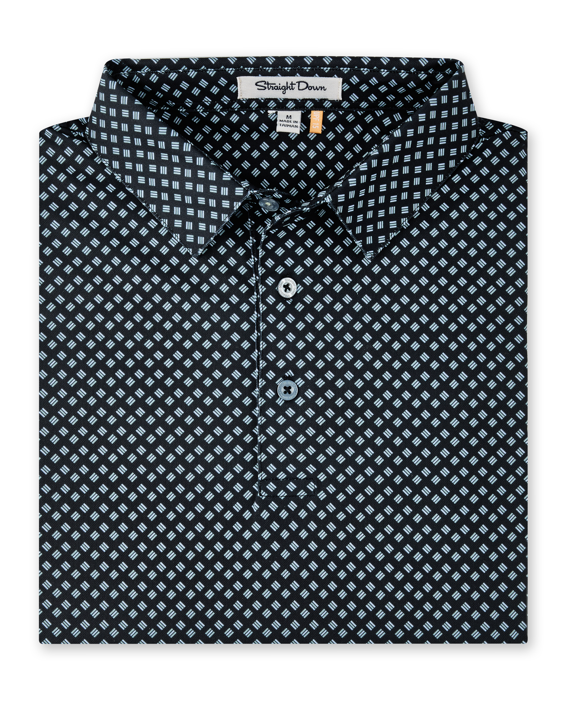 Folded Banksville Polo in Black featuring a light blue geometric print, self collar, and button placket.