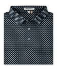 Folded Banksville Polo in Black featuring a light blue geometric print, self collar, and button placket.