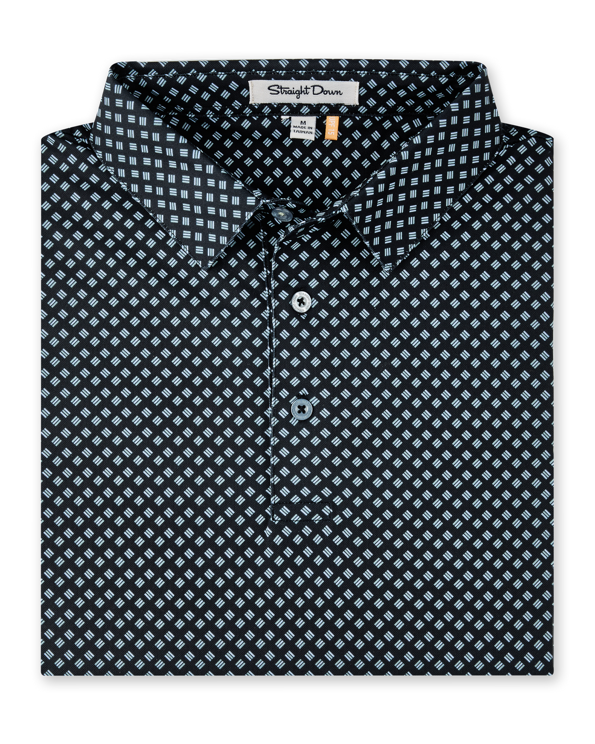 Folded Banksville Polo in Black featuring a light blue geometric print, self collar, and button placket.