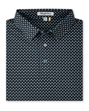 Folded Banksville Polo in Black featuring a light blue geometric print, self collar, and button placket.