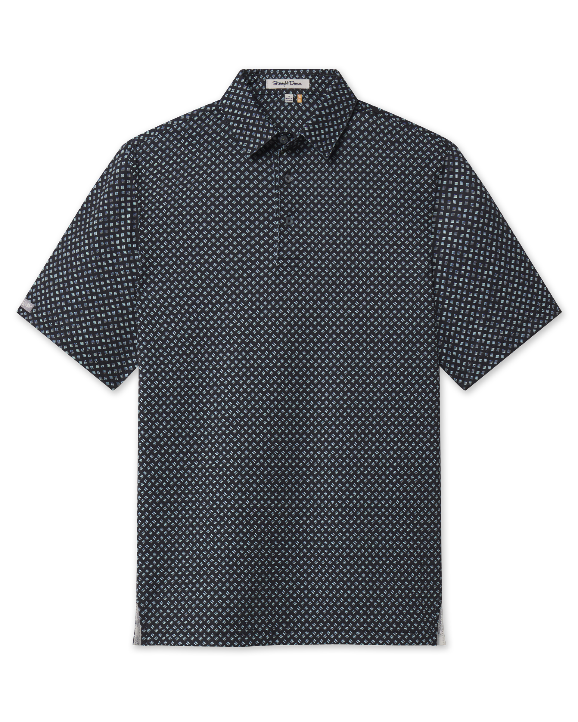 Front view of the Banksville Polo in Black with an all-over light blue geometric print, short sleeves, and button placket.