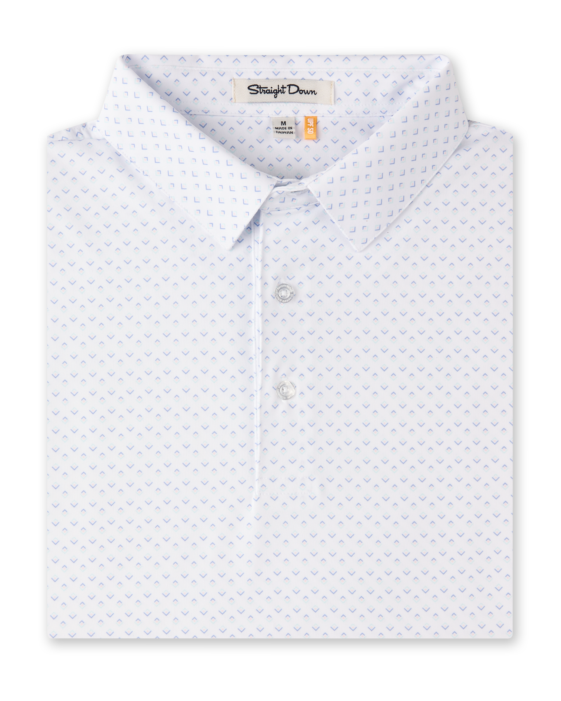 Folded Brookhurst Polo in Mint Tea, featuring a white base with a small geometric print in soft blue, mint, and pink.