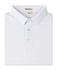 Folded Brookhurst Polo in Mint Tea, featuring a white base with a small geometric print in soft blue, mint, and pink.
