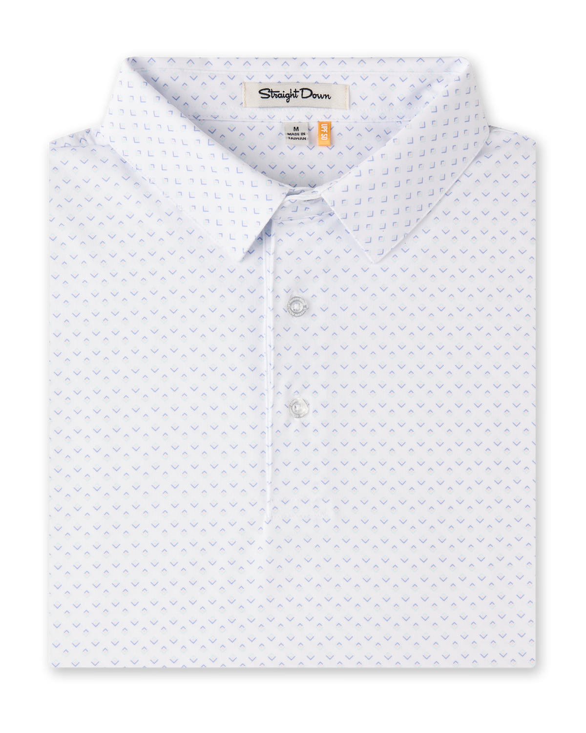 Folded Brookhurst Polo in Mint Tea, featuring a white base with a small geometric print in soft blue, mint, and pink.