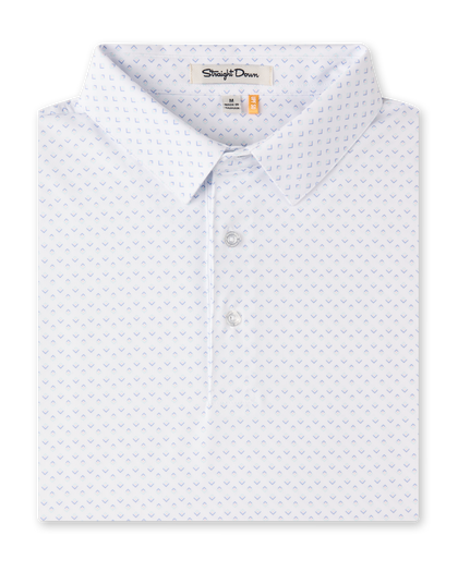 Folded Brookhurst Polo in Mint Tea, featuring a white base with a small geometric print in soft blue, mint, and pink.