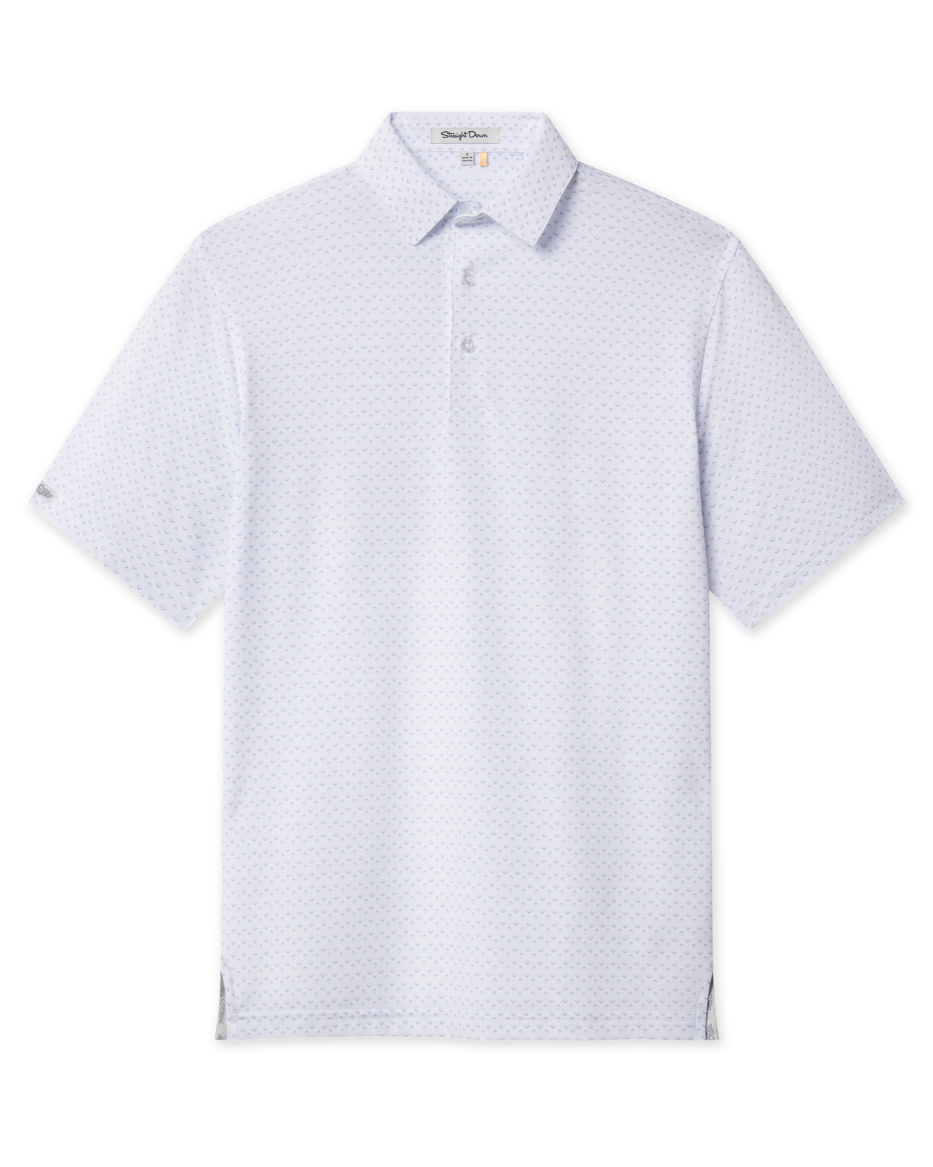 Front product view of the Brookhurst Polo in Mint Tea, featuring an allover geometric print, short sleeves, and button placket.