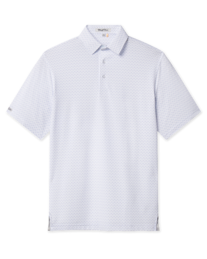 Front product view of the Brookhurst Polo in Mint Tea, featuring an allover geometric print, short sleeves, and button placket.