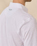 Back shoulder detail of the Brookhurst Polo in Punch Pink featuring the embroidered Straight Down logo