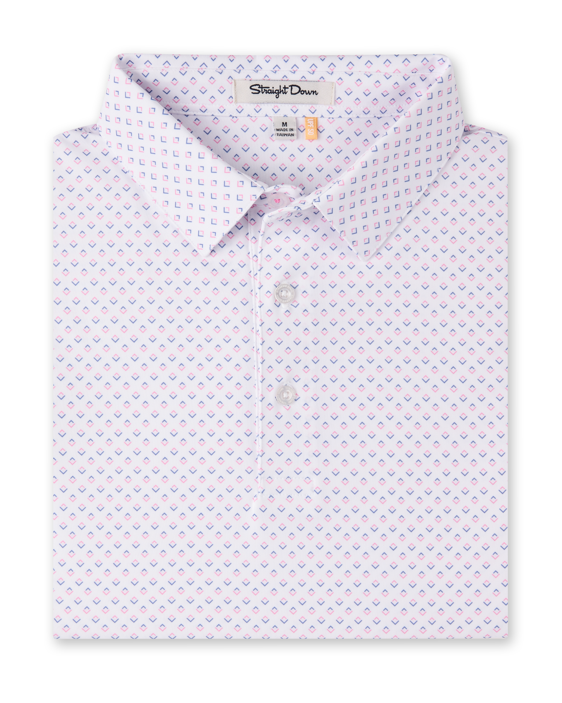 Brookhurst Polo in Punch Pink folded to showcase the white base with a subtle pink and blue geometric print