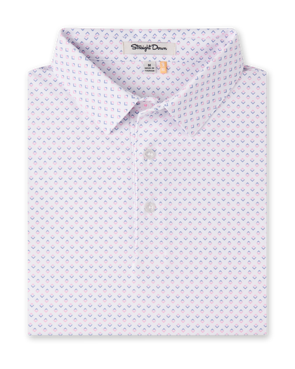 Brookhurst Polo in Punch Pink folded to showcase the white base with a subtle pink and blue geometric print