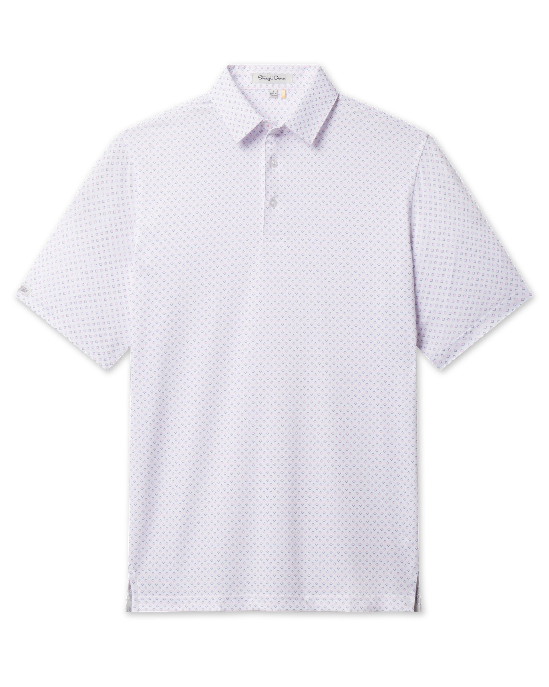 Front view of the Brookhurst Polo in Punch Pink featuring a white background with an allover pink and blue geometric pattern