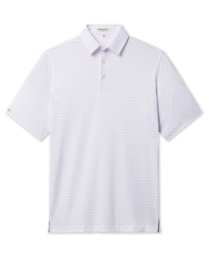 Front view of the Brookhurst Polo in Punch Pink featuring a white background with an allover pink and blue geometric pattern