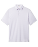 Front view of the Brookhurst Polo in Punch Pink featuring a white background with an allover pink and blue geometric pattern