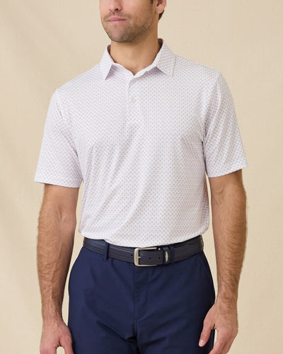 Model wearing the Brookhurst Polo in Punch Pink, front view