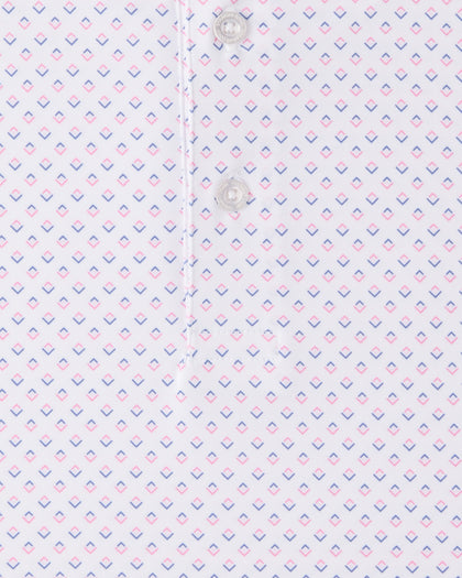 Detailed view of the Brookhurst Polo in Punch Pink geometric print with pink and blue diamond-inspired motifs