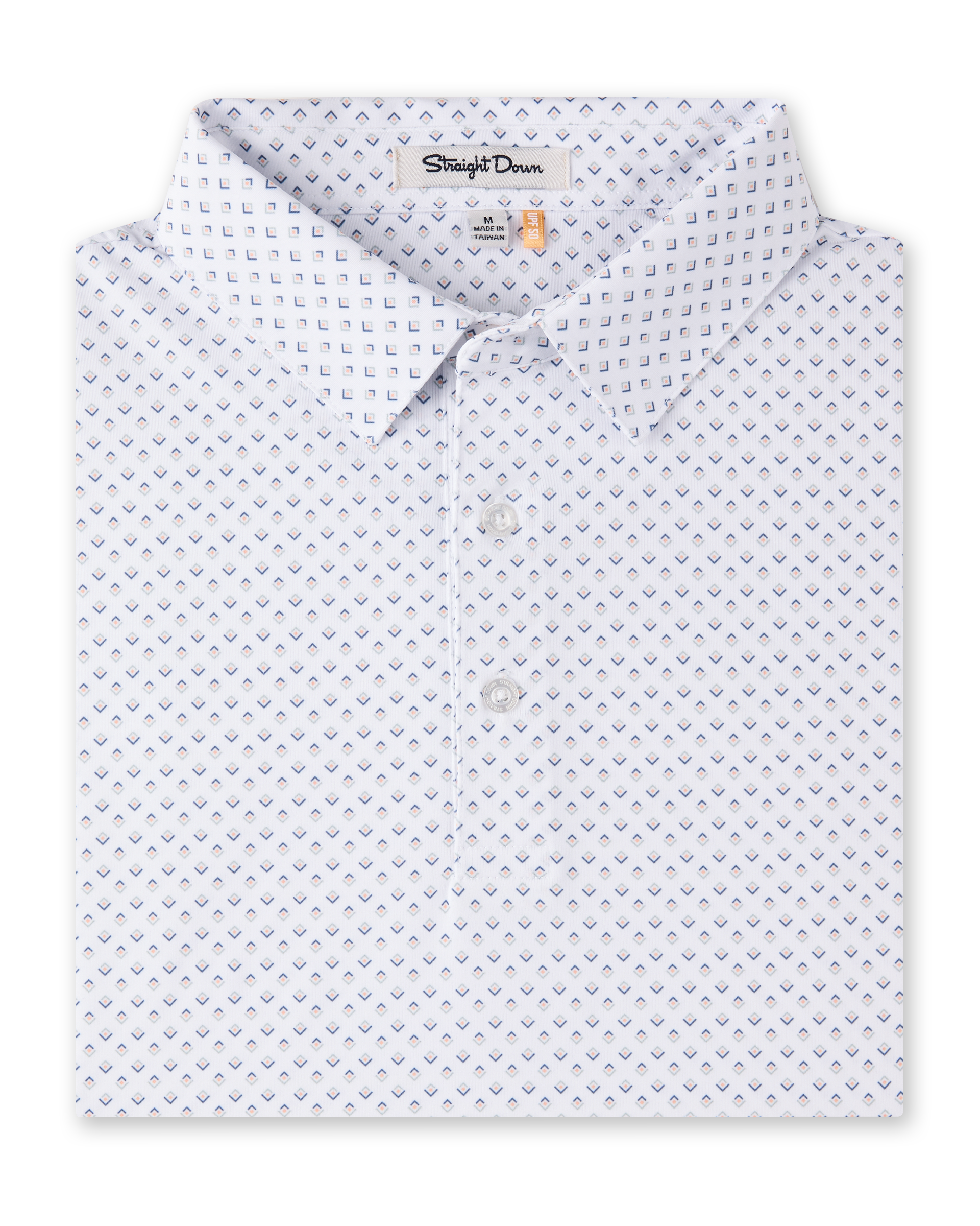 Folded Brookhurst Polo in Herb featuring an all-over blue and coral geometric print, self collar, and button placket.