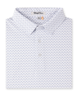 Folded Brookhurst Polo in Herb featuring an all-over blue and coral geometric print, self collar, and button placket.