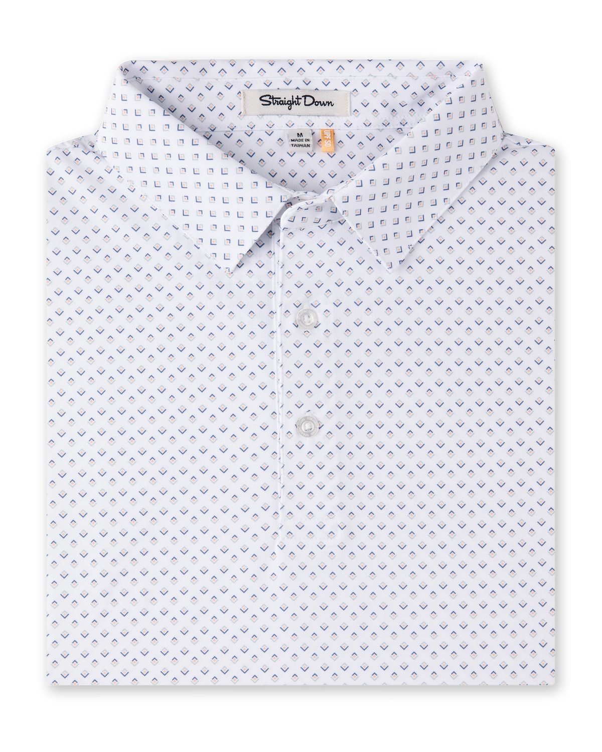 Folded Brookhurst Polo in Herb featuring an all-over blue and coral geometric print, self collar, and button placket.