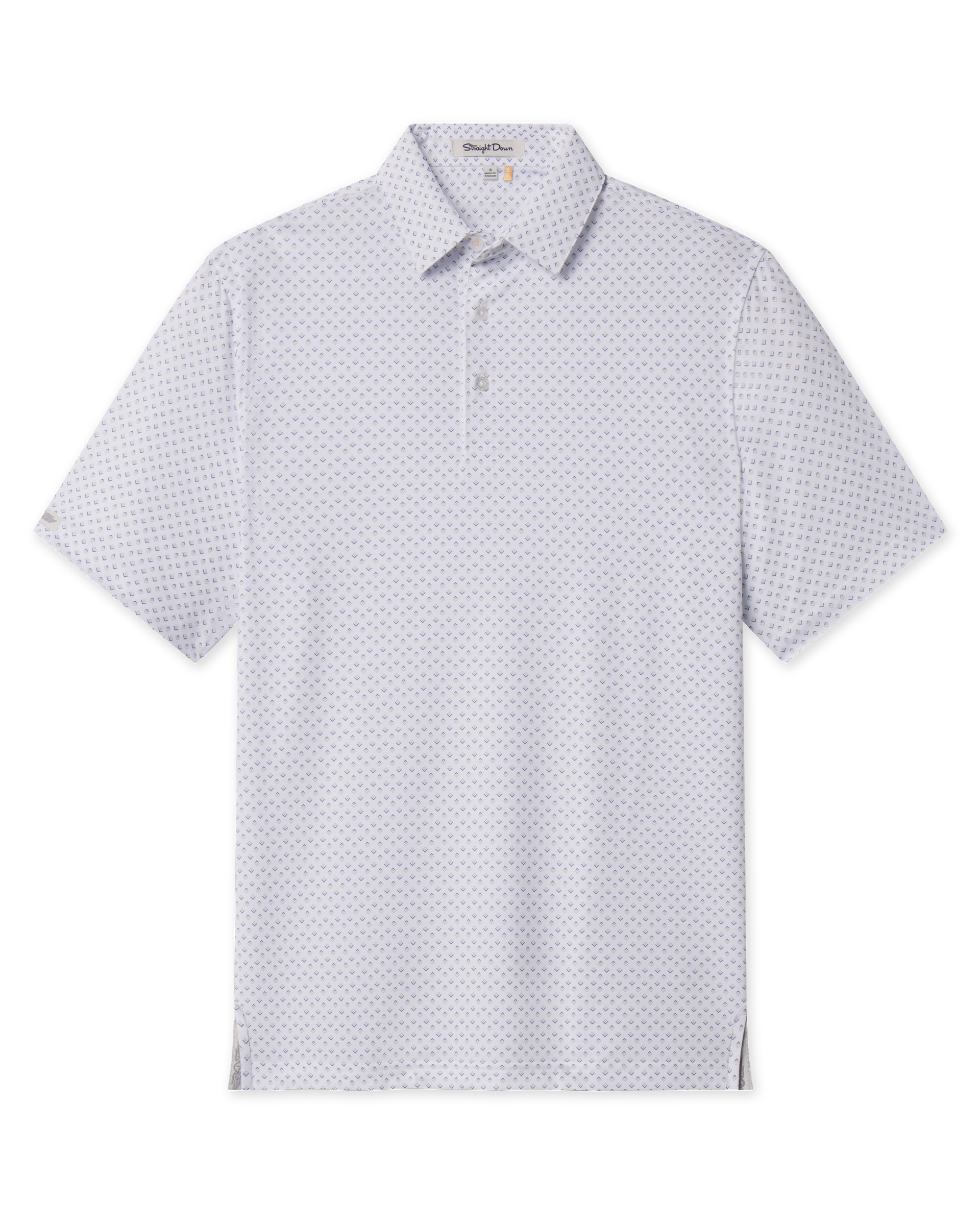 Front view of the Brookhurst Polo in Herb featuring an all-over geometric print, short sleeves, self collar, and button placket.