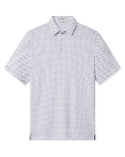 Front view of the Brookhurst Polo in Herb featuring an all-over geometric print, short sleeves, self collar, and button placket.