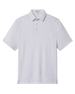 Front view of the Brookhurst Polo in Herb featuring an all-over geometric print, short sleeves, self collar, and button placket.