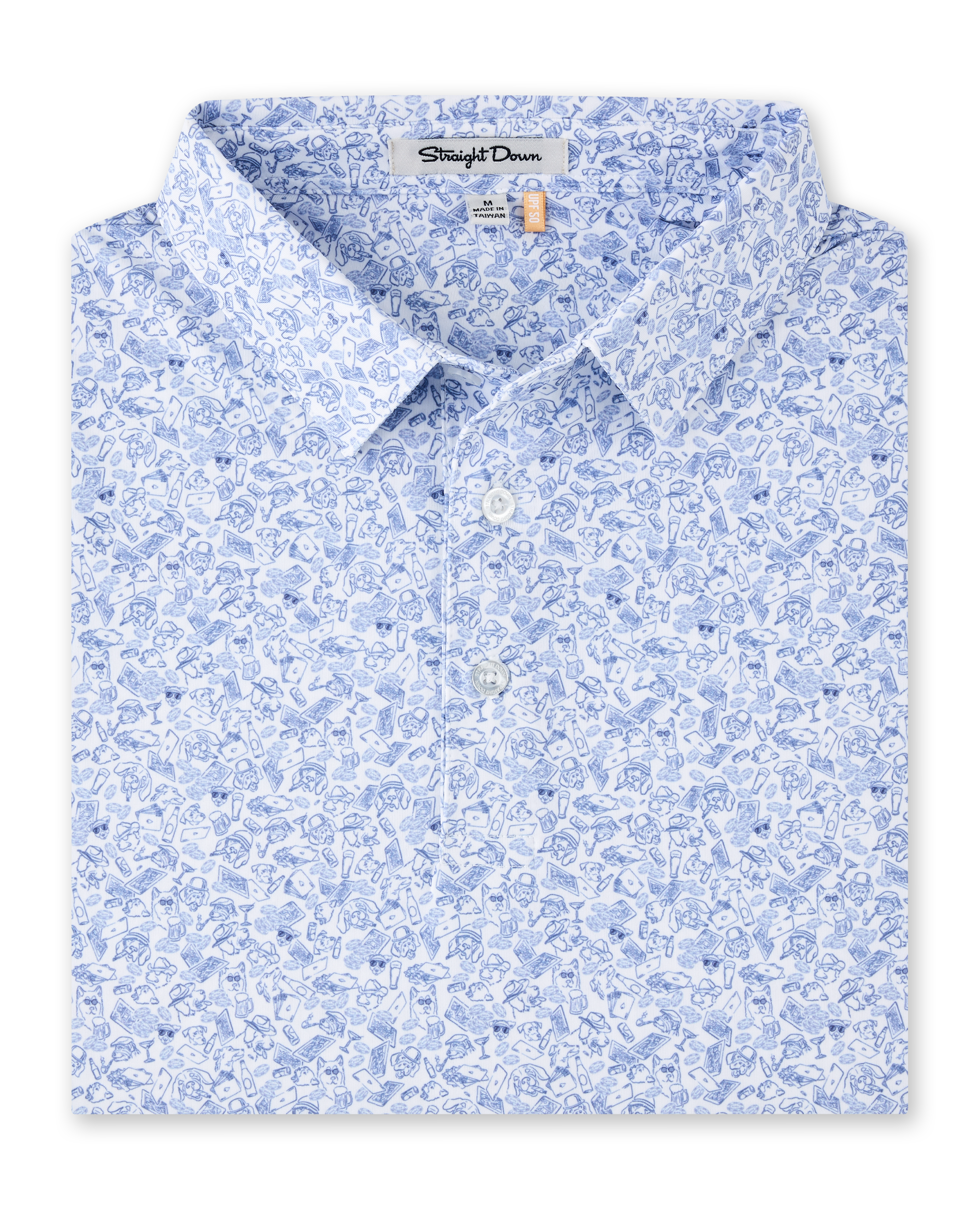 Poker Dawgs Polo in Tidal Blue featuring an allover print of dogs playing poker, folded view