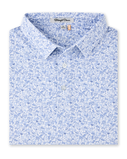 Poker Dawgs Polo in Tidal Blue featuring an allover print of dogs playing poker, folded view