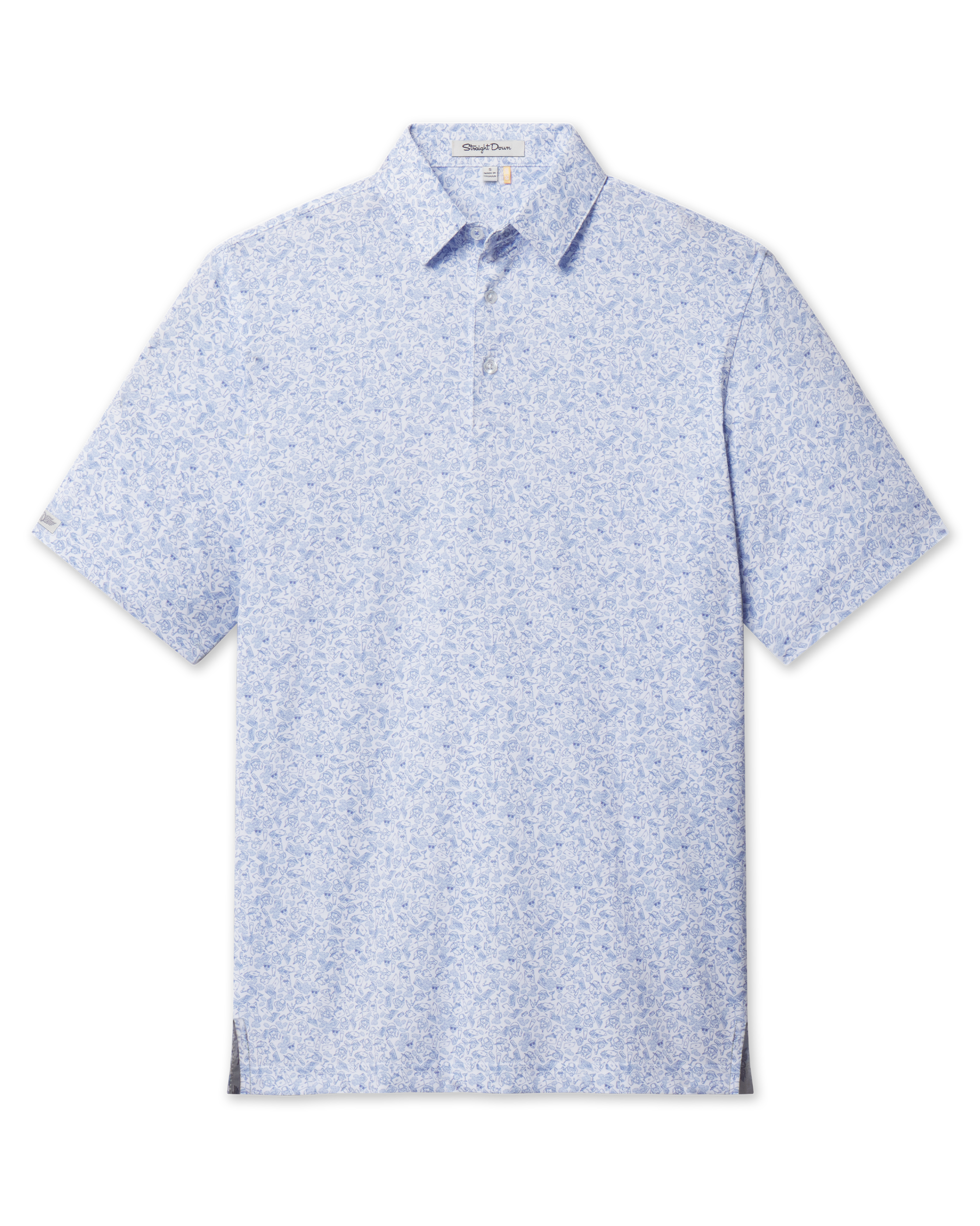 Poker Dawgs Polo in Tidal Blue with an allover poker-themed print, front flat lay view