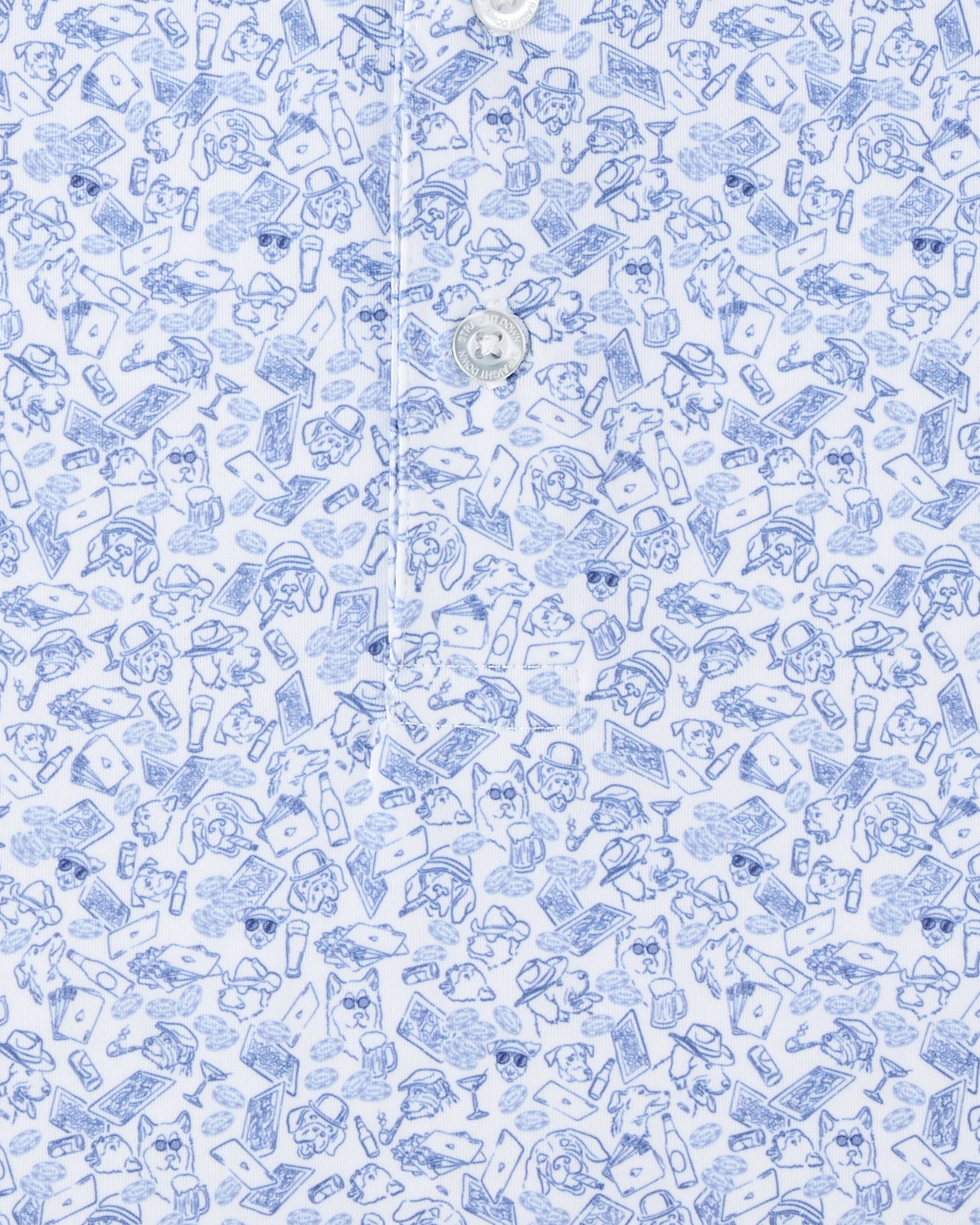Close-up of the Poker Dawgs Polo in Tidal Blue featuring detailed illustrations of dogs playing poker, cards, chips, drinks, cigars, and casino-inspired motifs