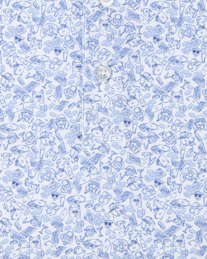 Close-up of the Poker Dawgs Polo in Tidal Blue featuring detailed illustrations of dogs playing poker, cards, chips, drinks, cigars, and casino-inspired motifs