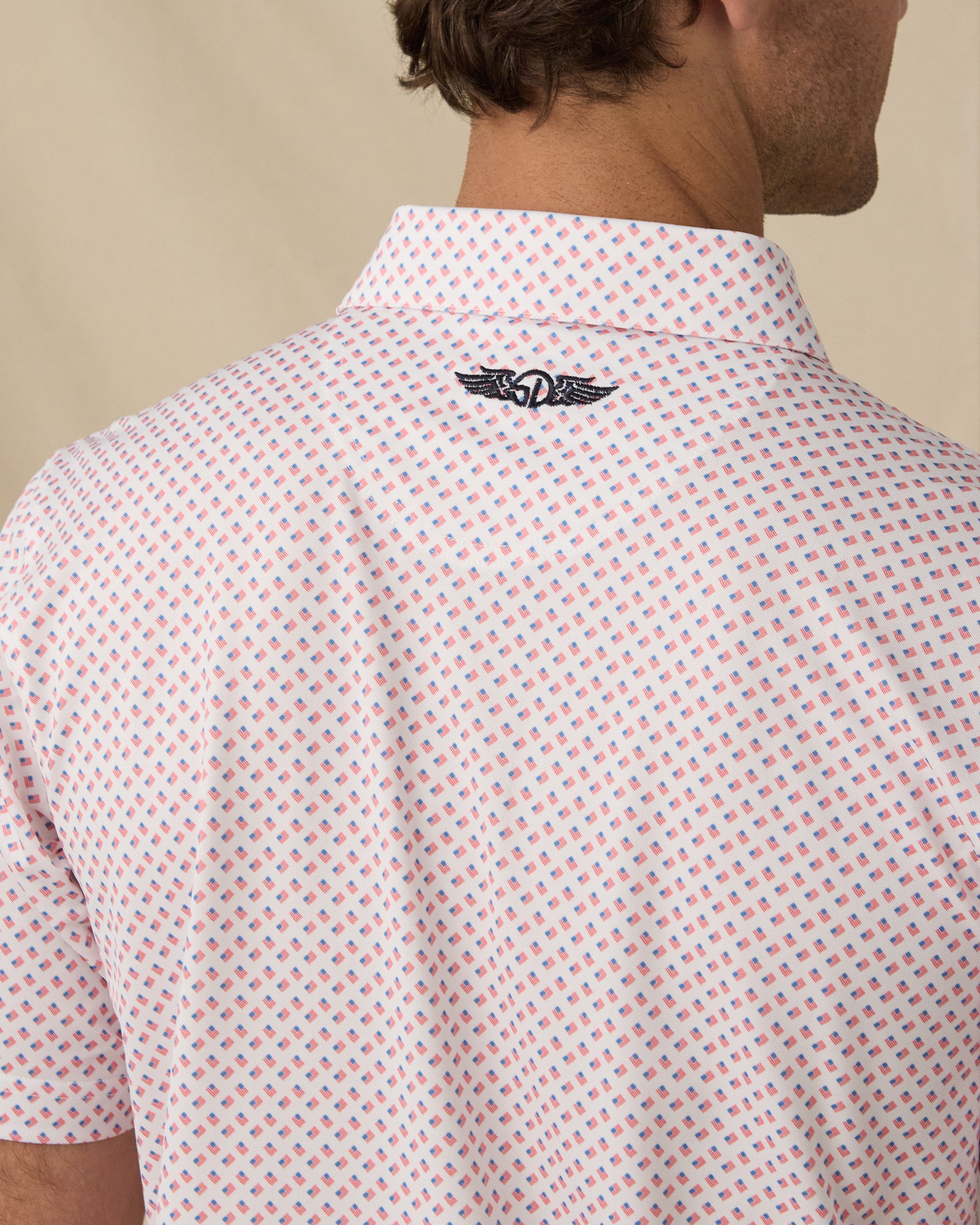 Old Glory Polo in Shine, back logo detail close-up