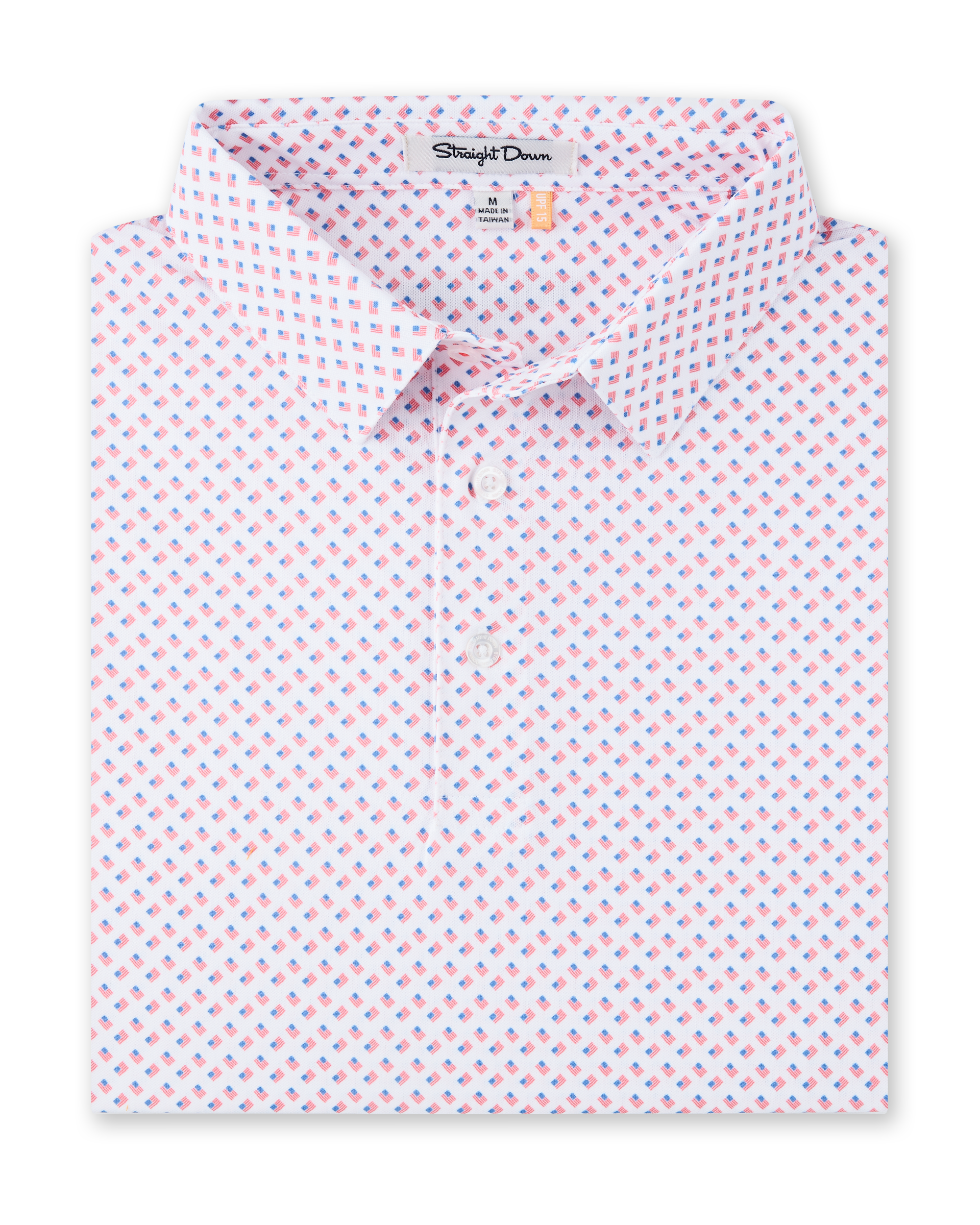 Old Glory Polo in Shine with allover American flag print, folded view