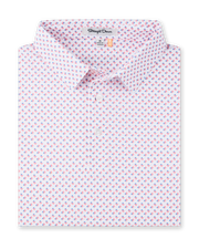 Old Glory Polo in Shine with allover American flag print, folded view