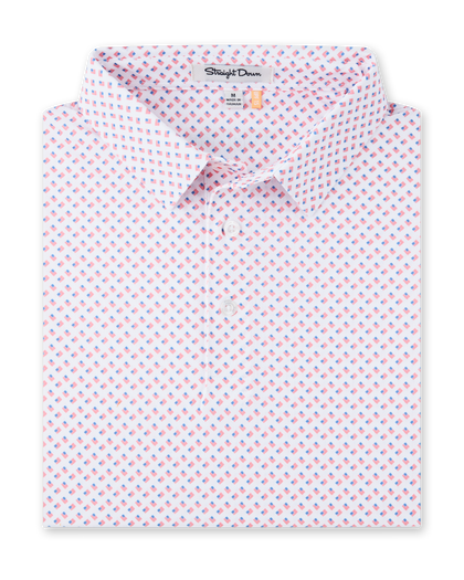 Old Glory Polo in Shine with allover American flag print, folded view