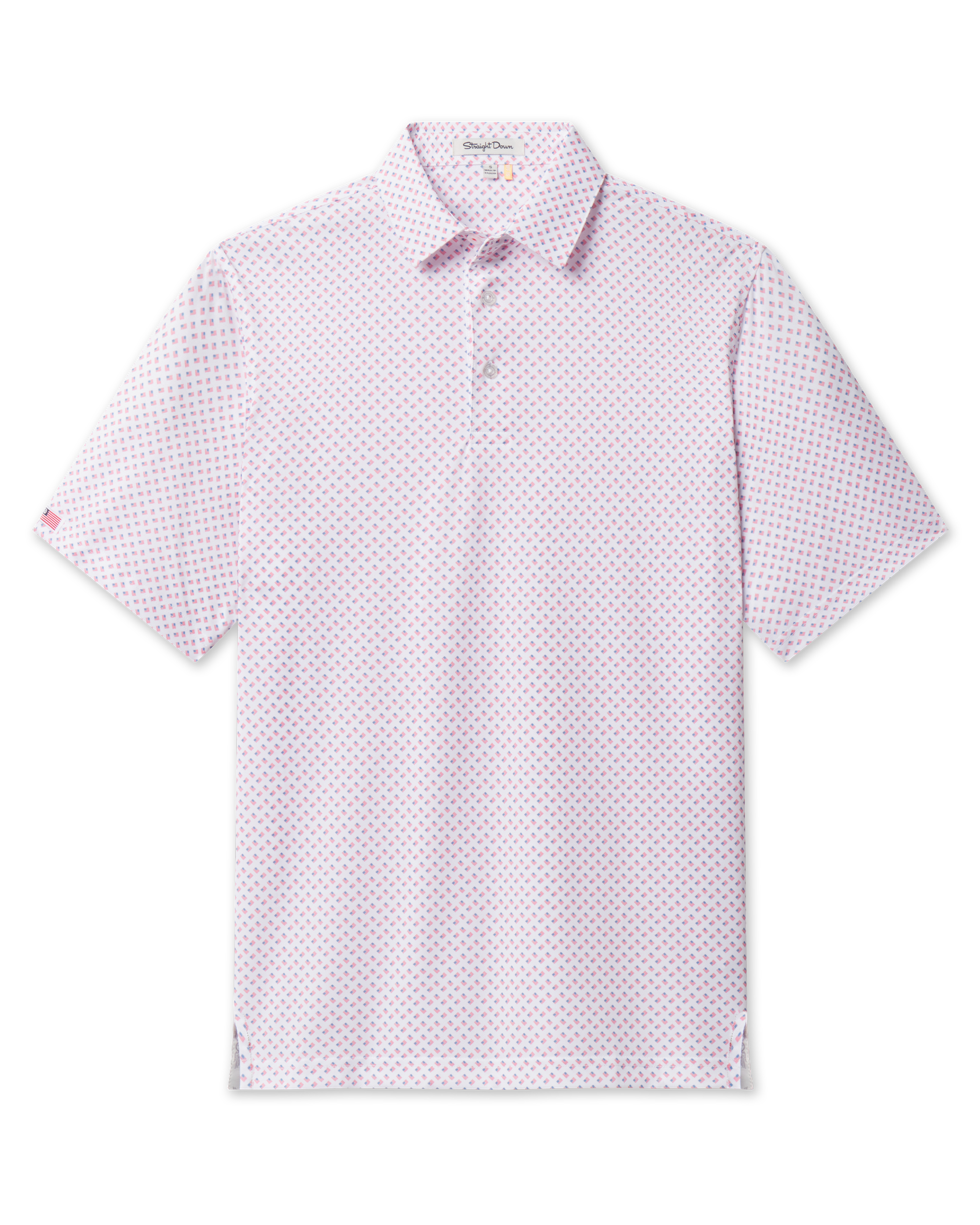Old Glory Polo in Shine with allover American flag print, front view