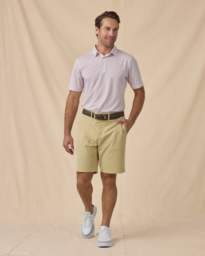 Men’s Old Glory Polo in Shine, styled front outfit view styled with light shorts