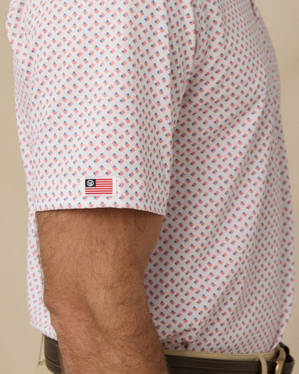 Old Glory Polo in Shine with sleeve logo detail close-up