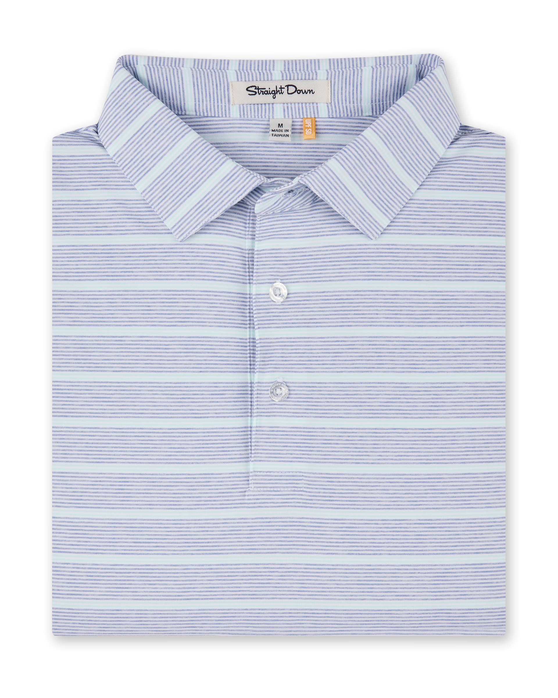 Folded Oceano Dunes Stripe Polo in Blue Shade, featuring fine blue and pale mint horizontal stripes, a structured collar, and button placket.