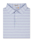 Folded Oceano Dunes Stripe Polo in Blue Shade, featuring fine blue and pale mint horizontal stripes, a structured collar, and button placket.