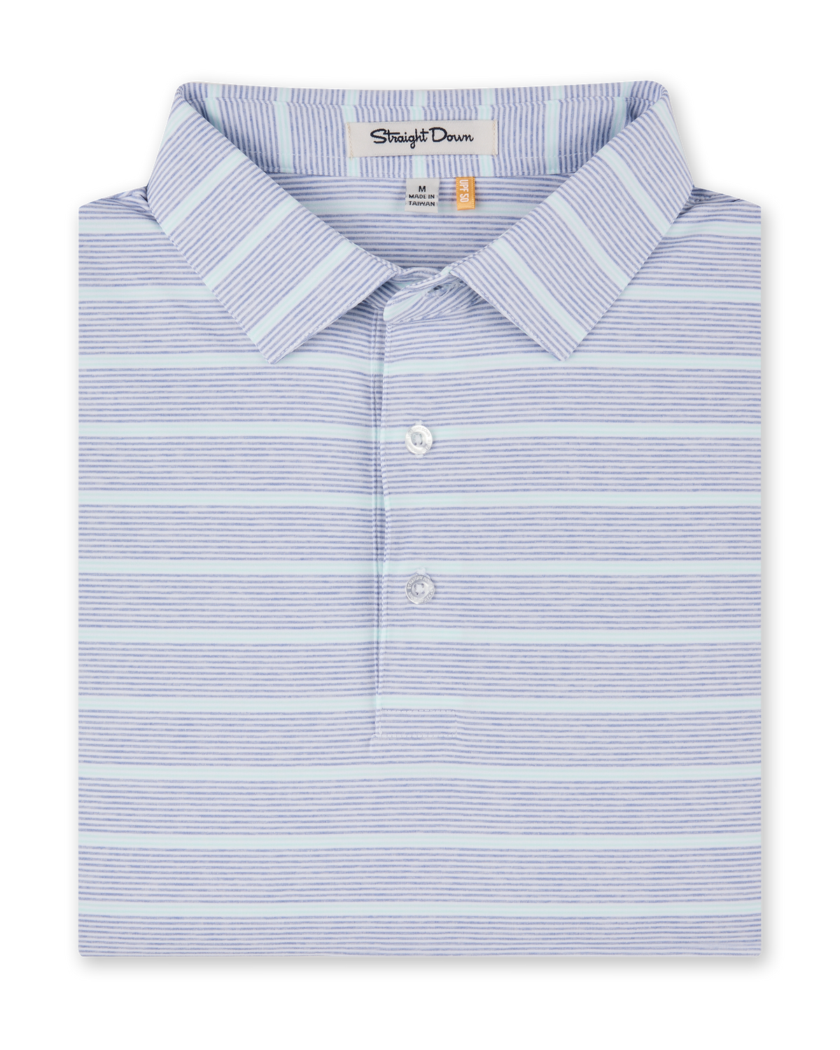 Folded Oceano Dunes Stripe Polo in Blue Shade, featuring fine blue and pale mint horizontal stripes, a structured collar, and button placket.