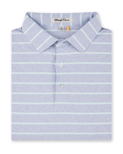 Folded Oceano Dunes Stripe Polo in Blue Shade, featuring fine blue and pale mint horizontal stripes, a structured collar, and button placket.
