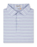Folded Oceano Dunes Stripe Polo in Blue Shade, featuring fine blue and pale mint horizontal stripes, a structured collar, and button placket.