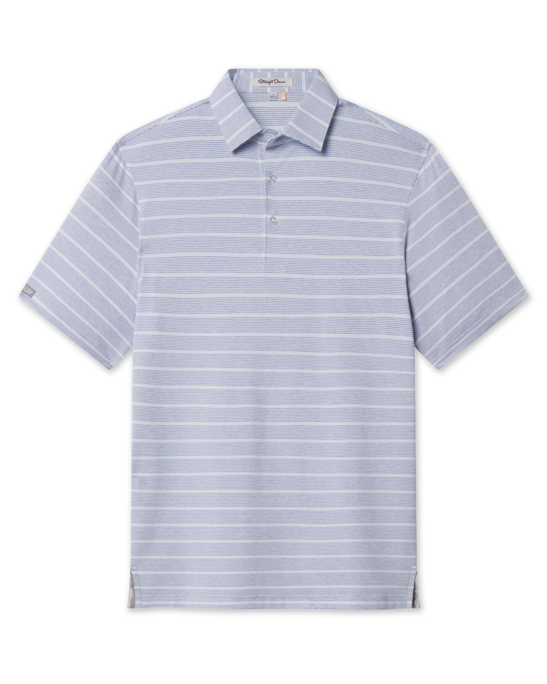 Front product view of the Oceano Dunes Stripe Polo in Blue Shade, featuring an allover horizontal stripe pattern, short sleeves, and button placket.