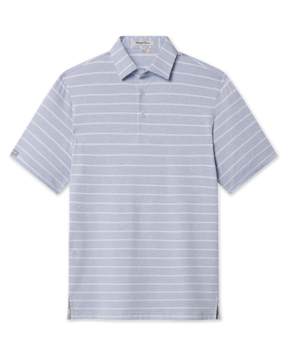 Front product view of the Oceano Dunes Stripe Polo in Blue Shade, featuring an allover horizontal stripe pattern, short sleeves, and button placket.