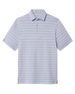 Front product view of the Oceano Dunes Stripe Polo in Blue Shade, featuring an allover horizontal stripe pattern, short sleeves, and button placket.