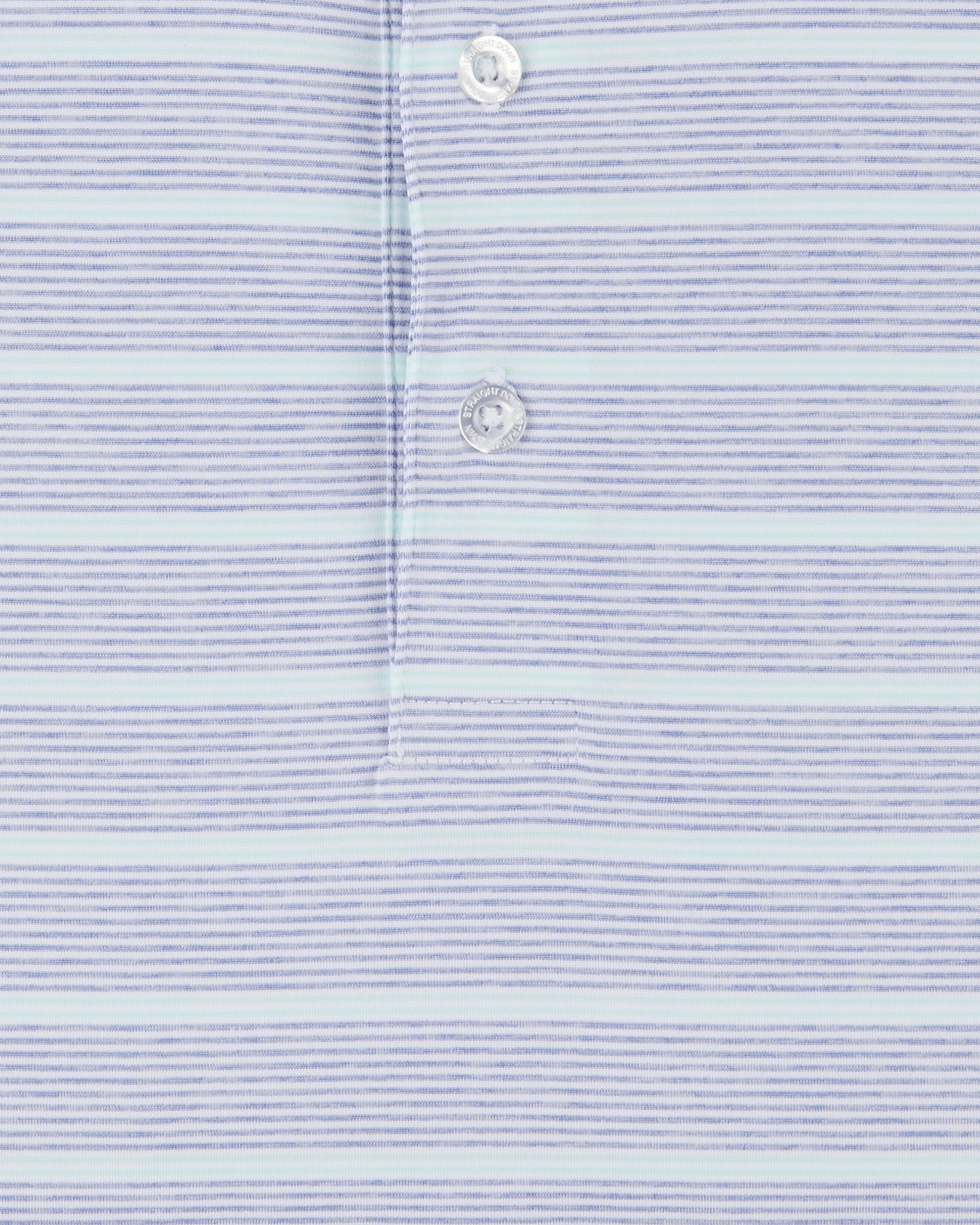 Close-up of the Oceano Dunes Stripe Polo in Blue Shade, highlighting the fine blue and pale mint stripes and button placket.