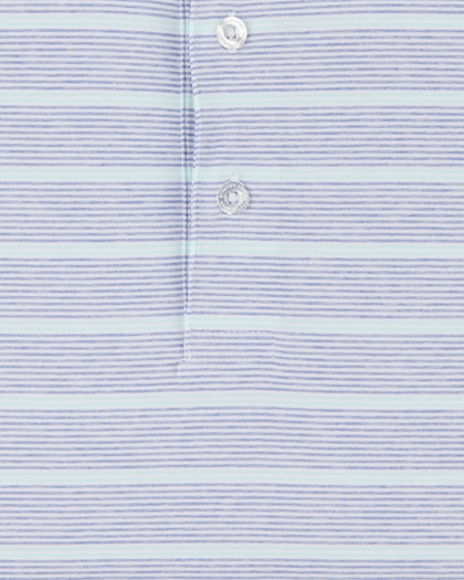 Close-up of the Oceano Dunes Stripe Polo in Blue Shade, highlighting the fine blue and pale mint stripes and button placket.