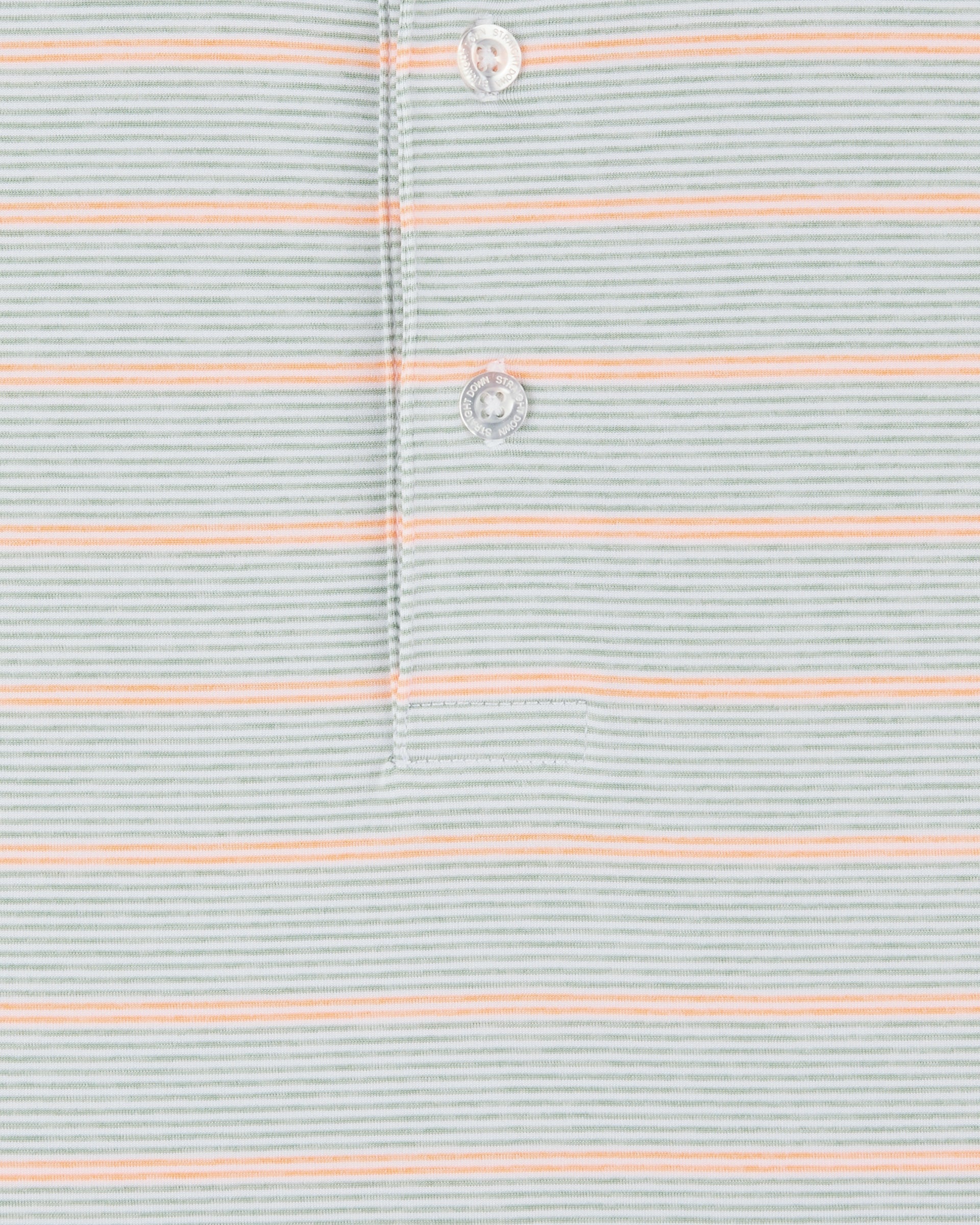 Detail view of the Oceano Dunes Striped Polo in Cantaloupe showing the fine horizontal stripe pattern, stitching, and branded buttons.