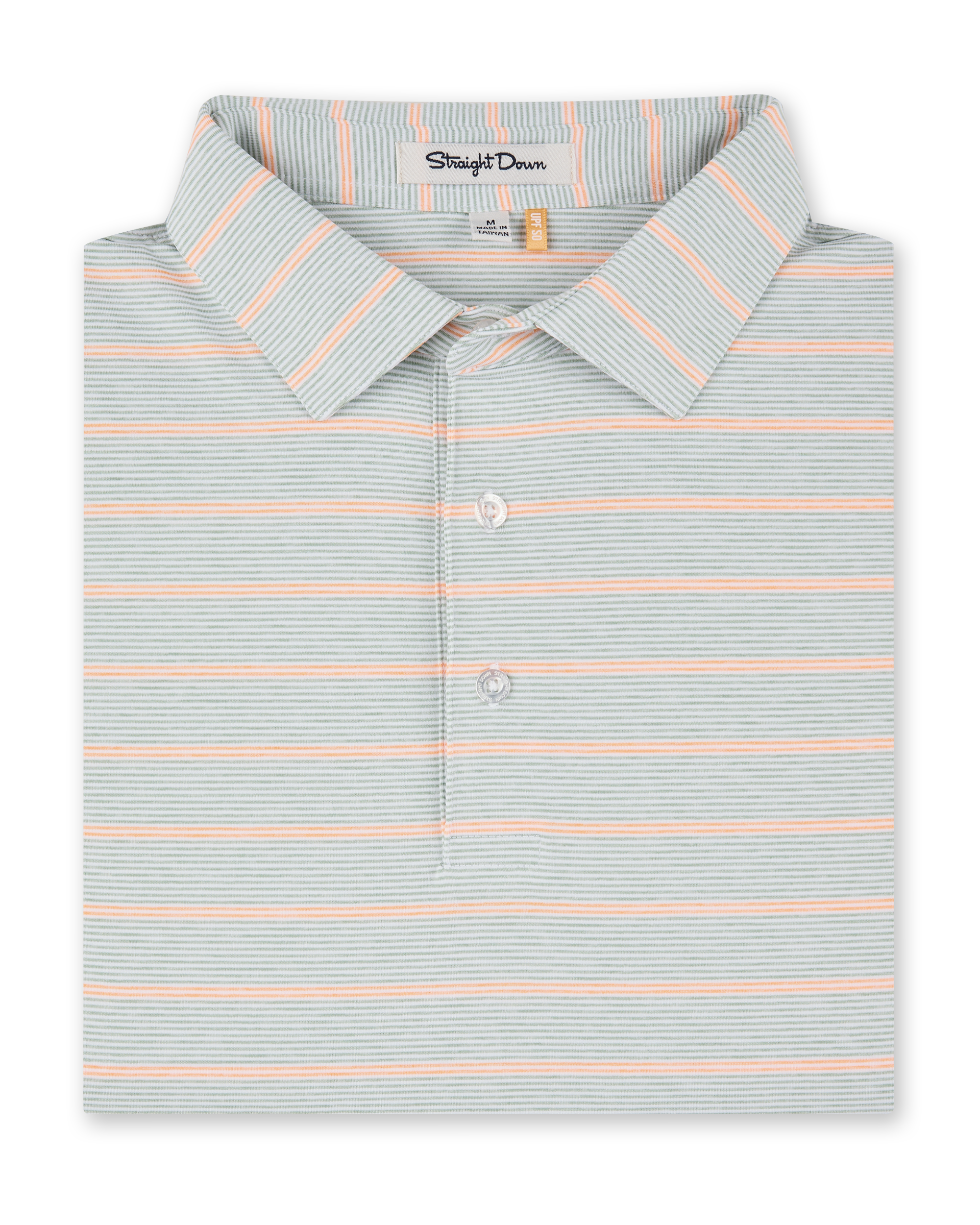 Folded Oceano Dunes Striped Polo in Cantaloupe featuring fine sage green and white stripes with soft cantaloupe accent stripes and a three-button placket.