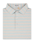 Folded Oceano Dunes Striped Polo in Cantaloupe featuring fine sage green and white stripes with soft cantaloupe accent stripes and a three-button placket.